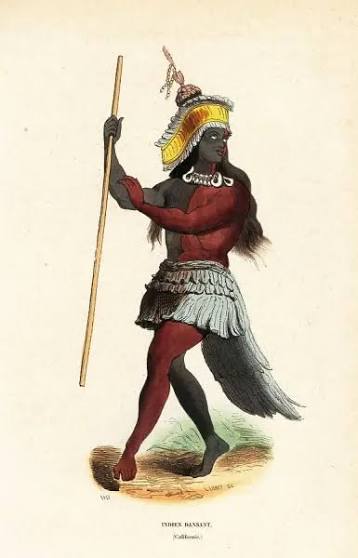 Louis Choris, 1816 — Ohlone dancer from California wearing a feathered headdress, shell ornaments and a feathered skirt, carrying a dance staff