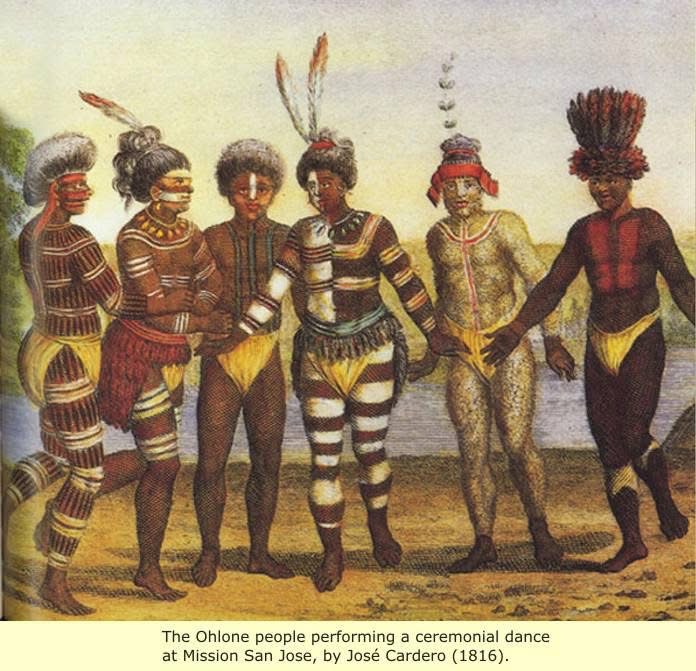 The Ohlone people performing a ceremonial dance at Mission San José, by José Cardero (1816) — multiple dancers in individually patterned ceremonial paint and regalia