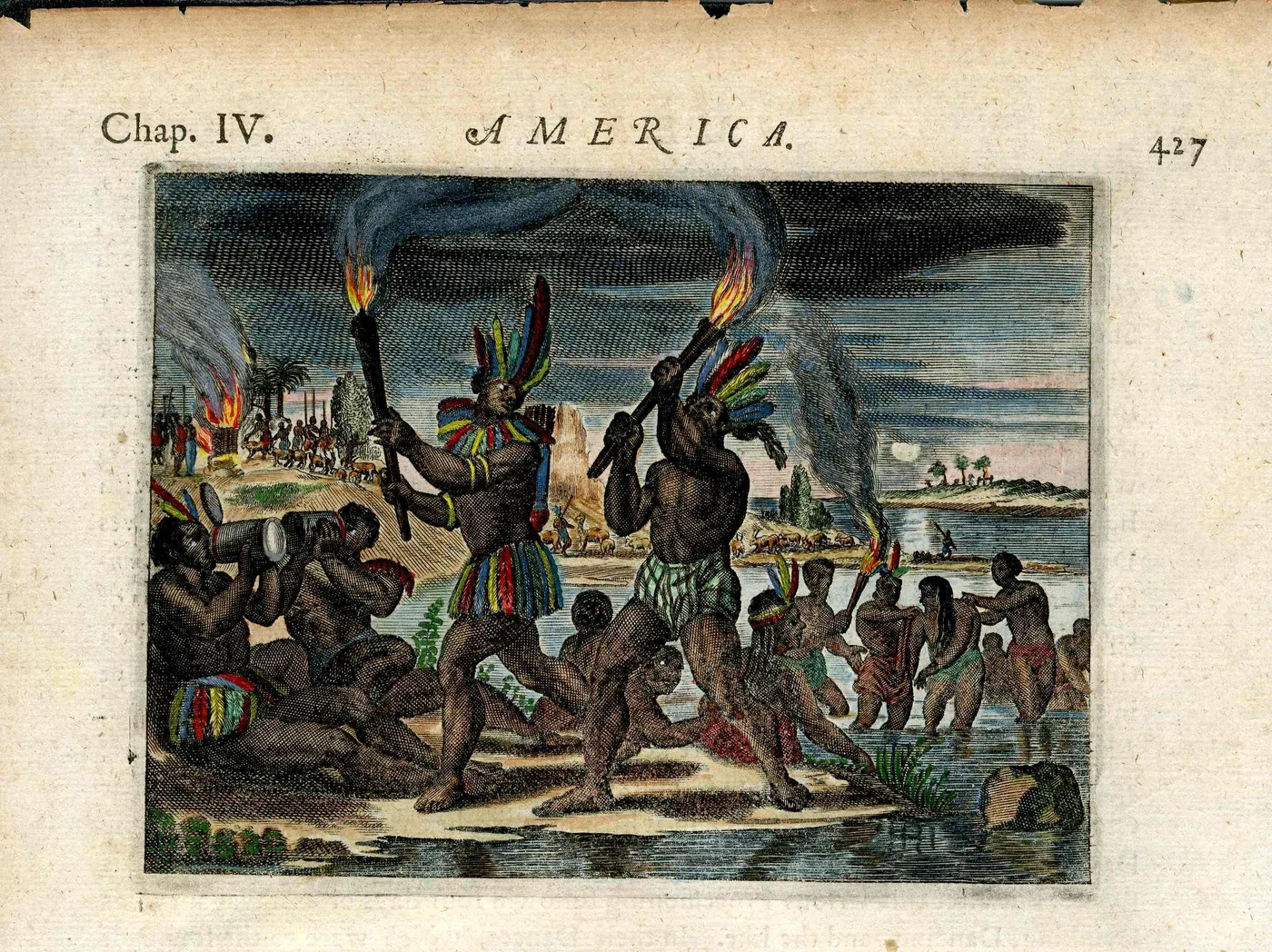 John Ogilby, America (1671), p. 427 — engraved plate of Indigenous Peruvians dancing with torches beside the water