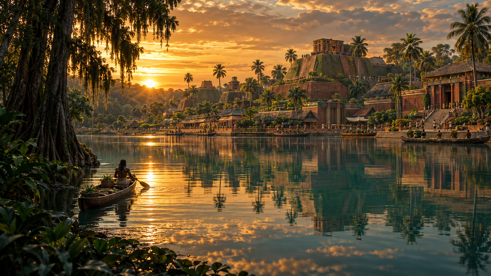 A river civilization at golden hour