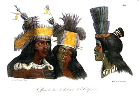 Louis Choris, 1816 — portraits of Ohlone people of California wearing feathered headdresses and shell ornaments